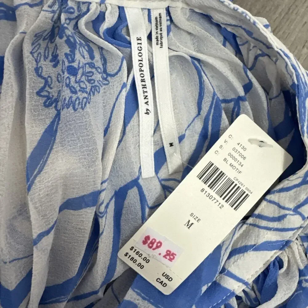 Anthropologie Pleated Button Front Dress Belted Blue White Floral Print sz M